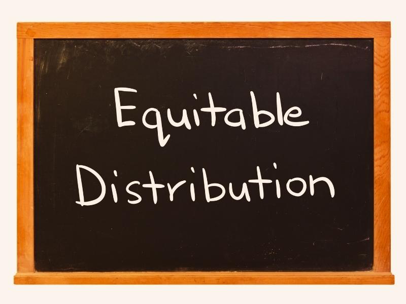 Equitable distribution written in white chalk on a black chalkboard isolated on white
