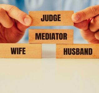 An attempt to mediate during a divorce and the last resort, that is the Court. Arranged blocks with the words Husband, Wife, Mediator and the Court. The order of the proceedings in family conflict