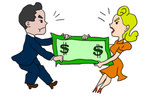 a cartoon couple dragging a dollar bill