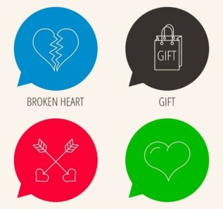 Colored speech bubbles. Love heart, gift box and arrows icons. Broken heart or divorce linear signs