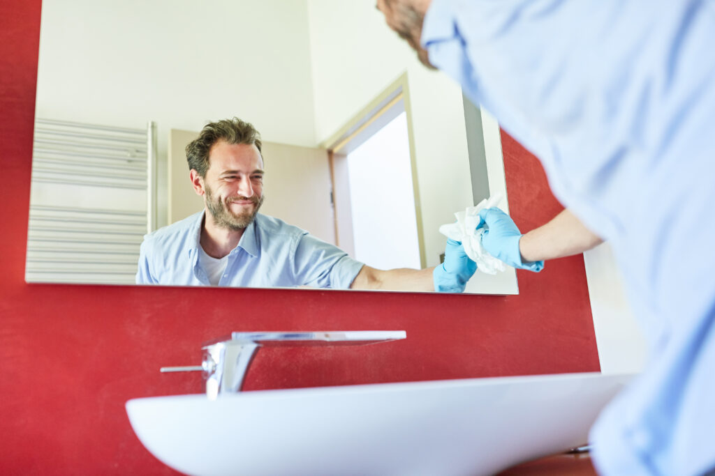 Houseman in the bathroom cleaning the mirror