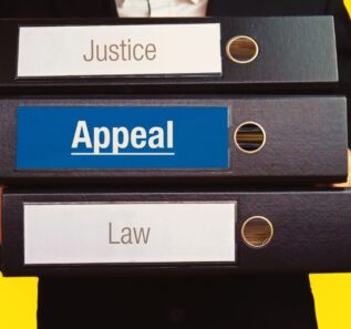 Appeal – Lawyer carries a stack of 3 file folders. One folder has the label Appeal. Symbol for law, justice, judgement