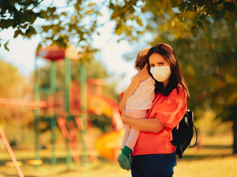 Mother Wearing Face Mask Child Keeping Child Away