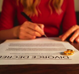 Wife signing decree of divorce agreement prepared by lawyer.