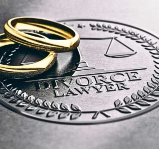 3D illustration of two used golden rings over a divorce lawyer sign unbossed on a black paper. divorce high net worth