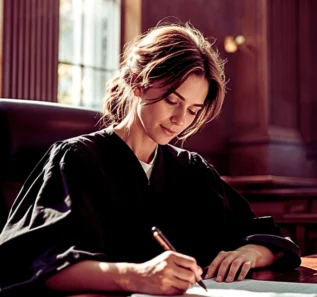 a woman judge dressed in a black judicial robe, seated at a wooden desk in a courtroom. Parental Alienation Claims