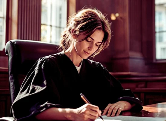 a woman judge dressed in a black judicial robe, seated at a wooden desk in a courtroom. Parental Alienation Claims