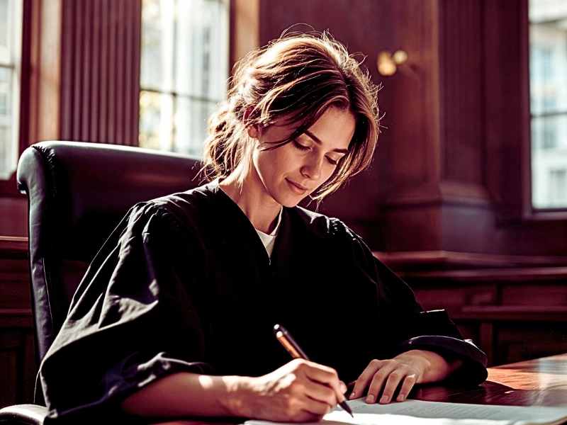 a woman judge dressed in a black judicial robe, seated at a wooden desk in a courtroom. Parental Alienation Claims